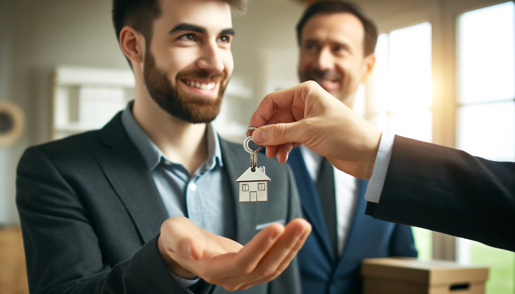 a real estate agent handing over the keys of a new house to a man, symbolizing home ownership