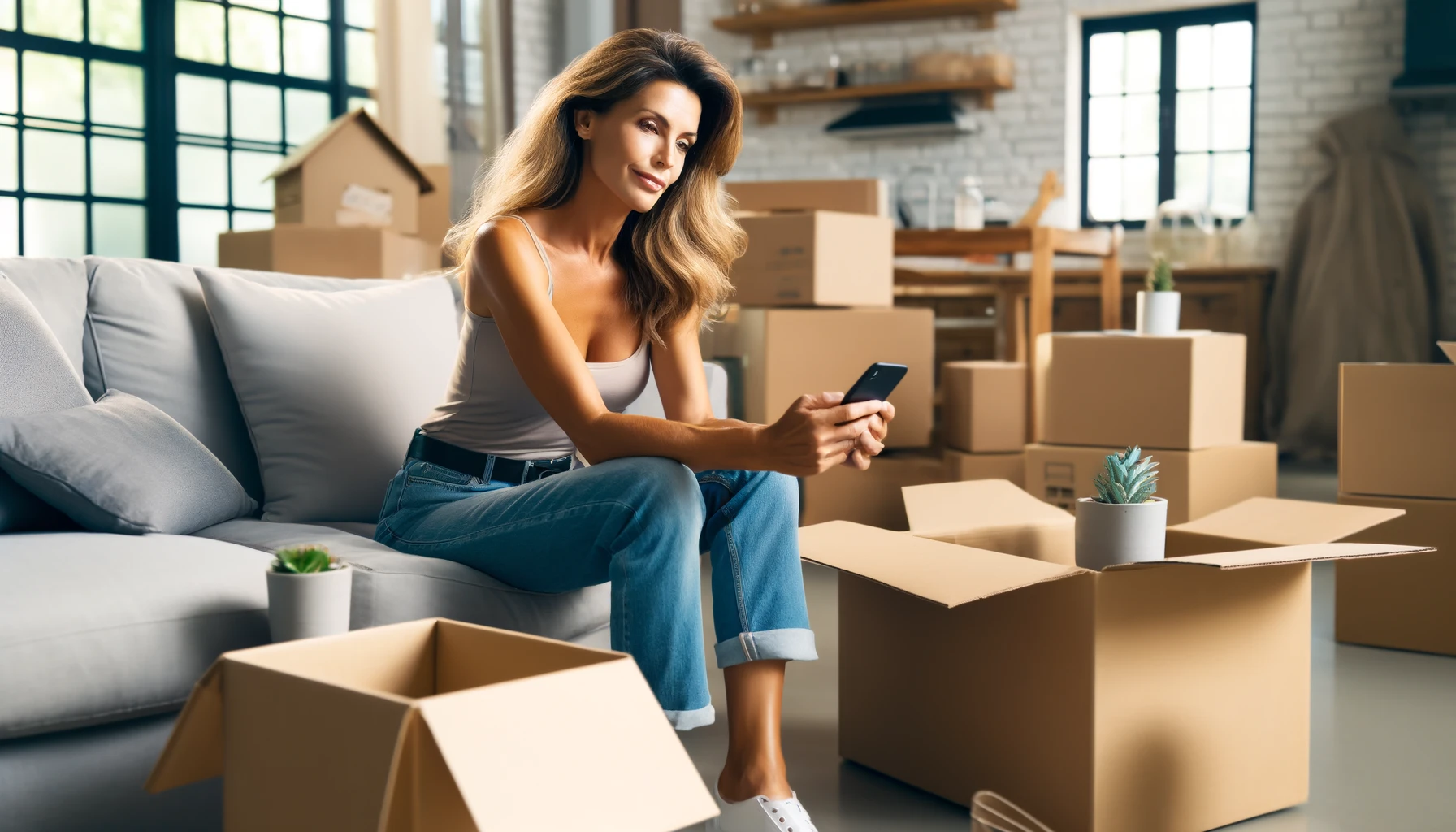 a middle-aged woman moving into her new home, unpacking boxes in her living room