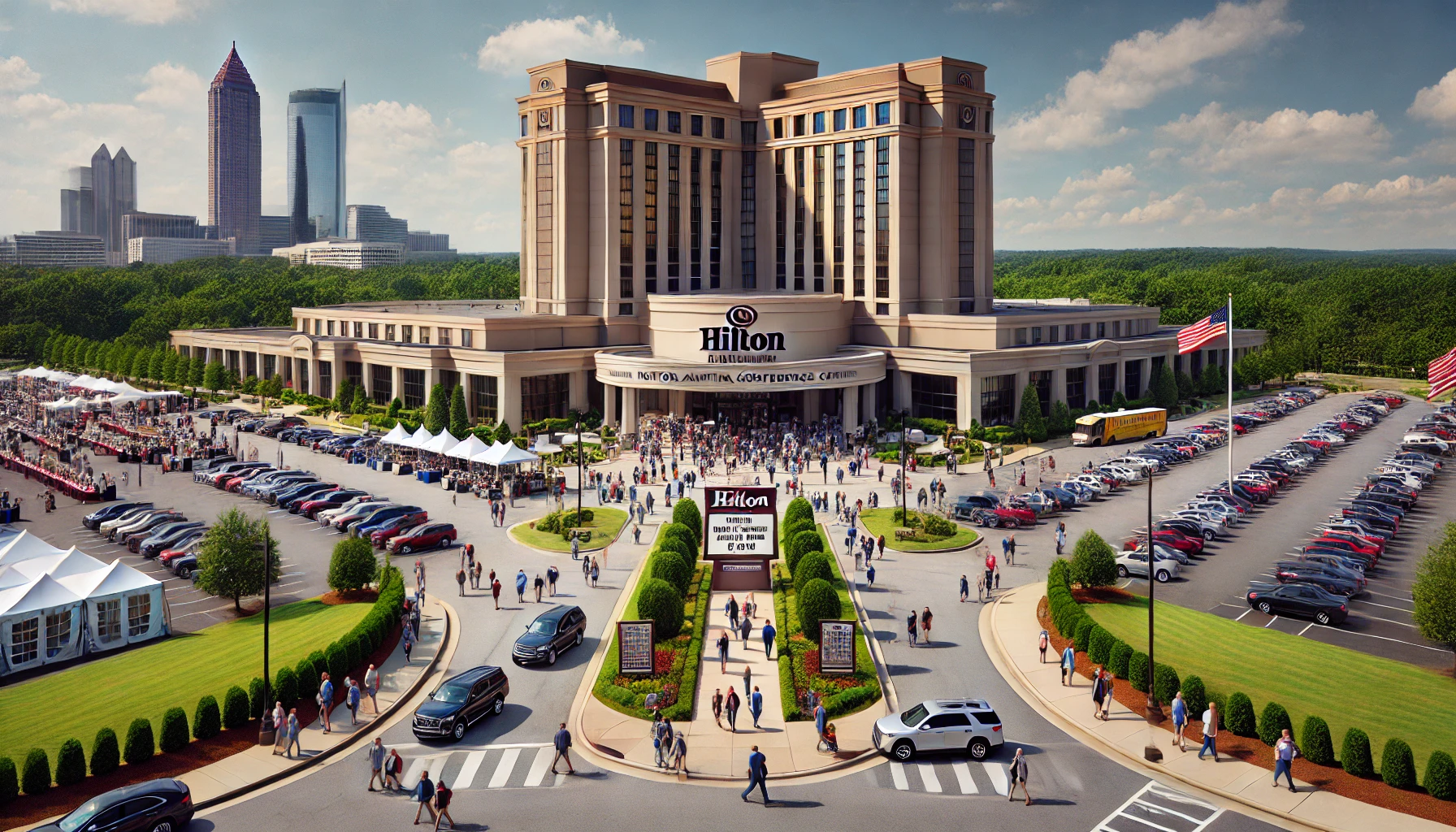 the Hilton Atlanta/Marietta Hotel & Conference Center on a sunny day, with the entrance bustling with attendees heading to the Greater Atlanta Coin Show.