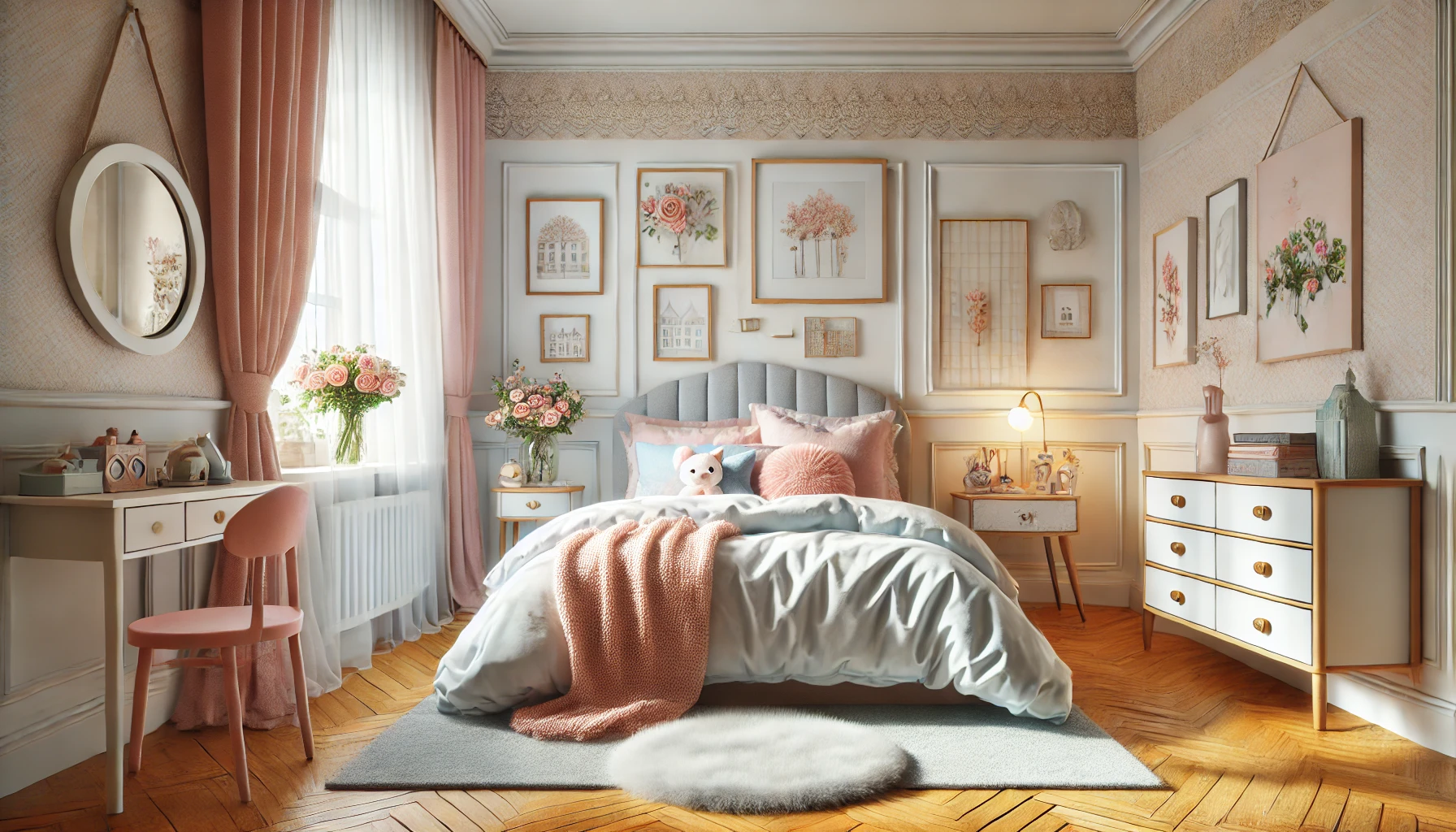 A cozy, pastel-colored bedroom with soft bedding, charming decor, and natural light gently illuminating the warm and inviting space.
