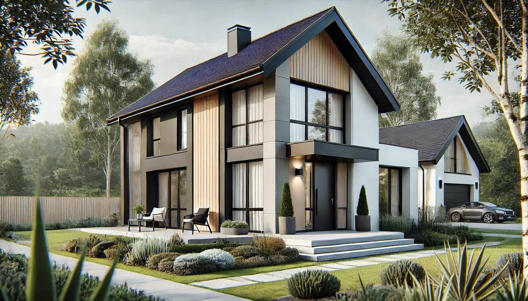 A sleek, modern cottage with clean lines, large windows, and a combination of natural wood and stone, surrounded by a meticulously landscaped garden.