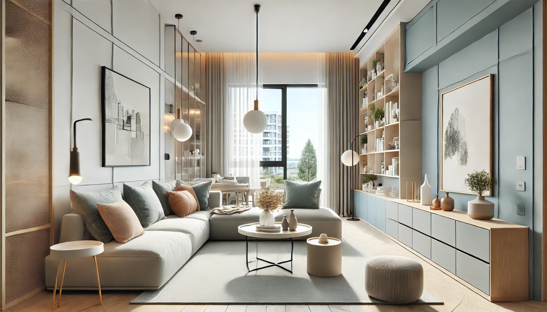 A bright and airy short-term rental property living room featuring a cohesive color palette and sleek furniture.