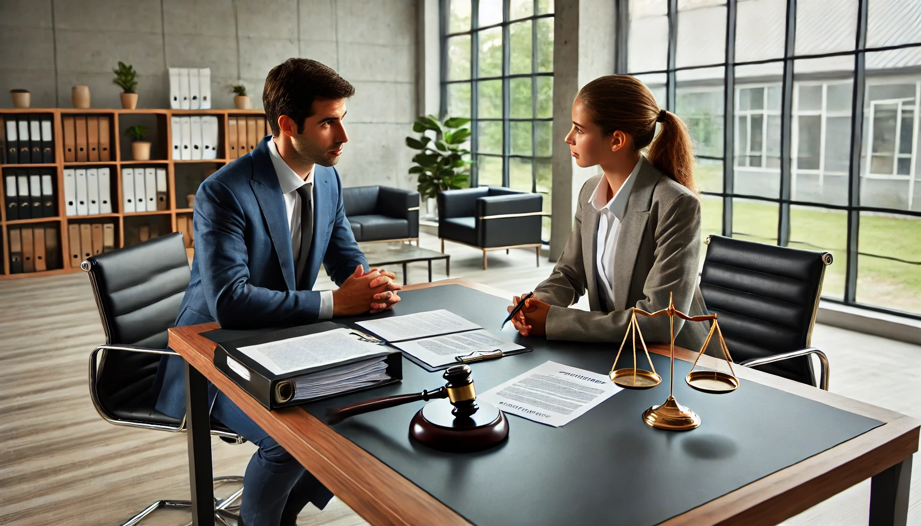 A legal consultation scene involving a short-term rental property manager and a real estate lawyer in a professional office setting.