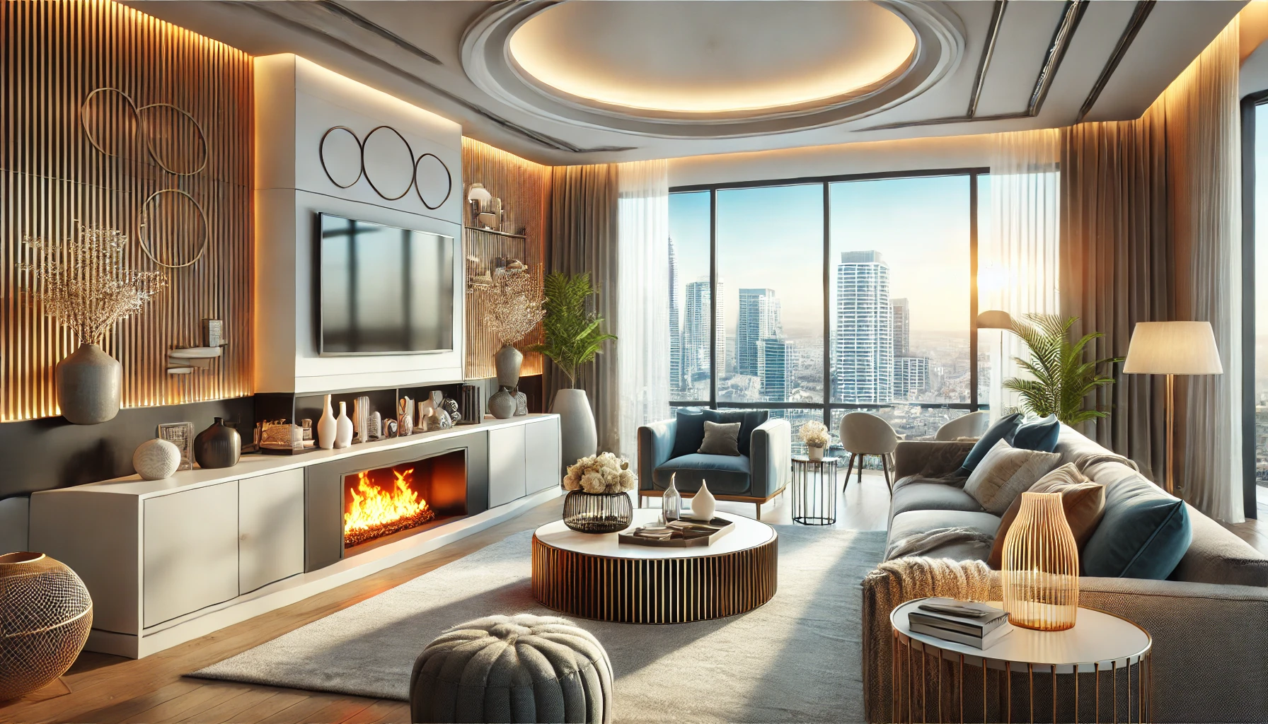 A modern, well-furnished living room with a cozy fireplace, high-quality furniture, and a stunning view of the cityscape through large windows