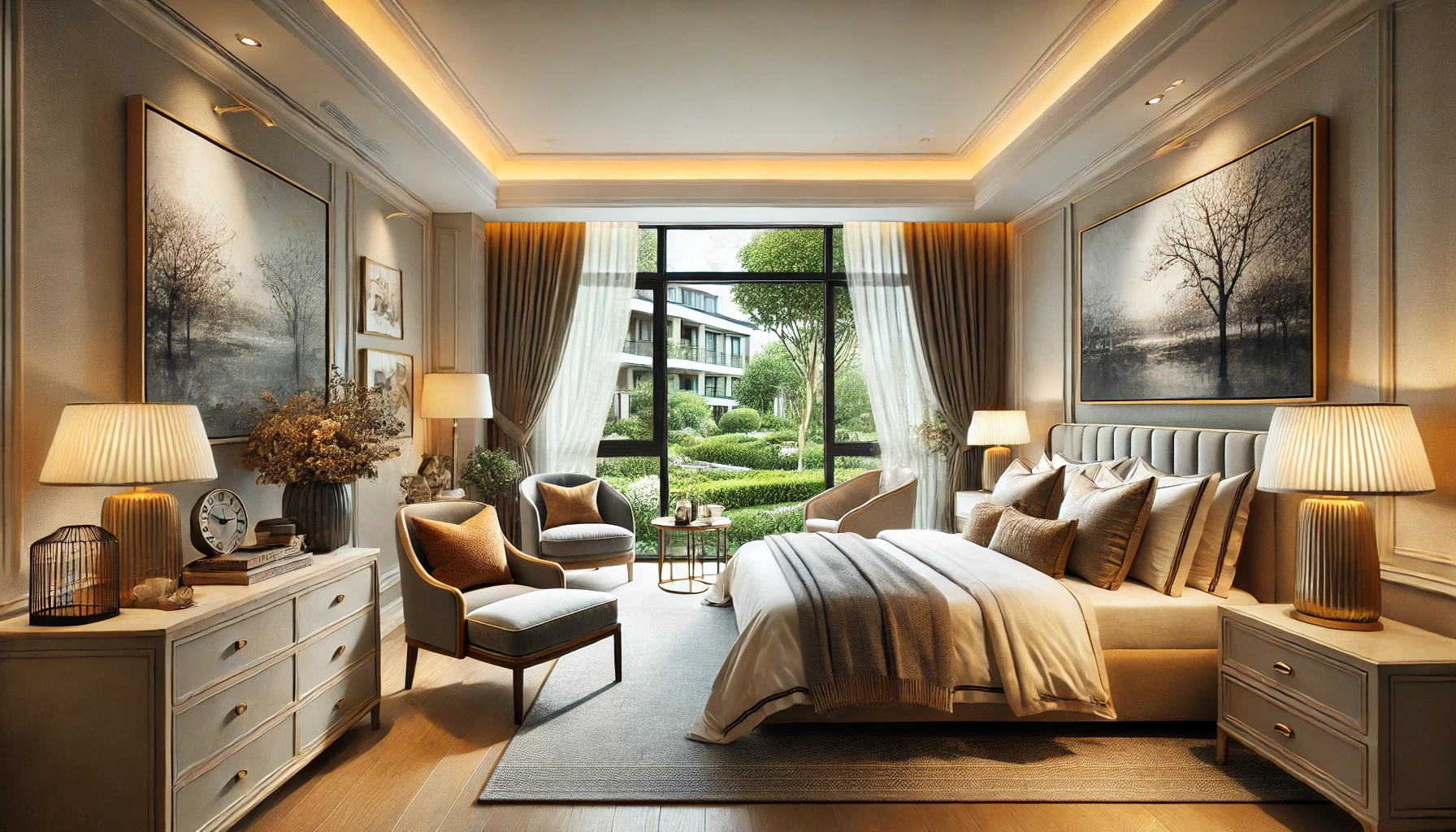 A spacious, elegantly decorated bedroom in a short-term rental property. 
