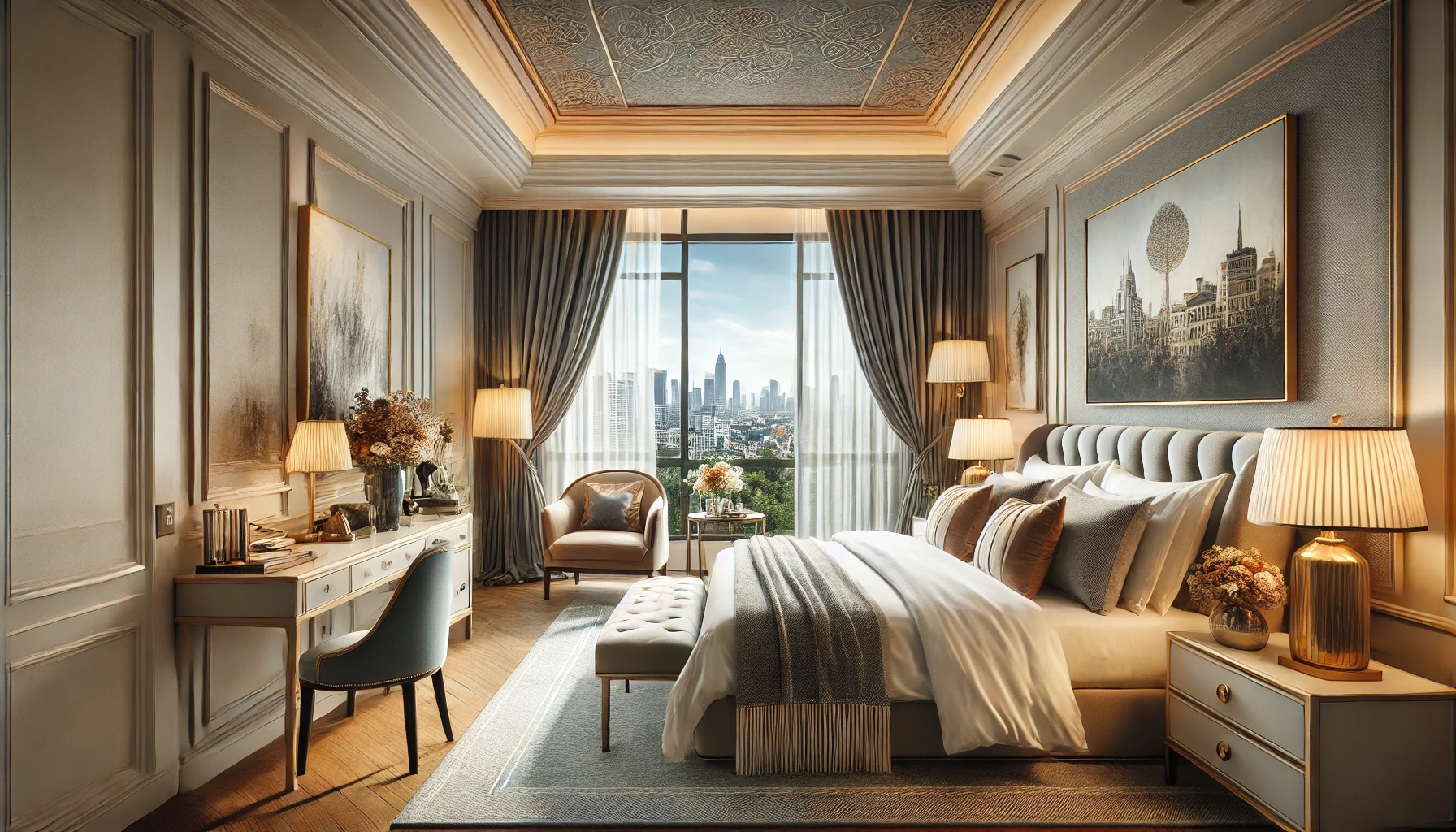 A beautifully decorated bedroom in a short-term rental property, featuring a king-sized bed with luxurious linens, bedside tables with lamps, and a large window with a view of the city skyline