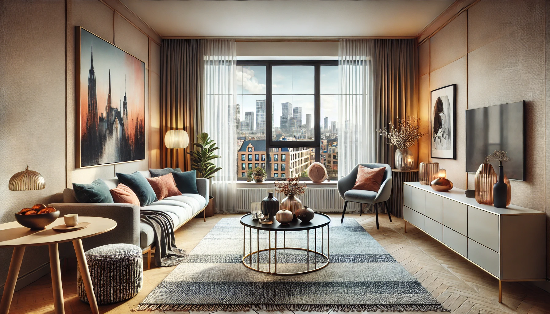 A spacious, stylish living room in a short-term rental property. The room features modern furniture, a cozy sofa, a coffee table with a decorative centerpiece, and a large window offering a view of the city.