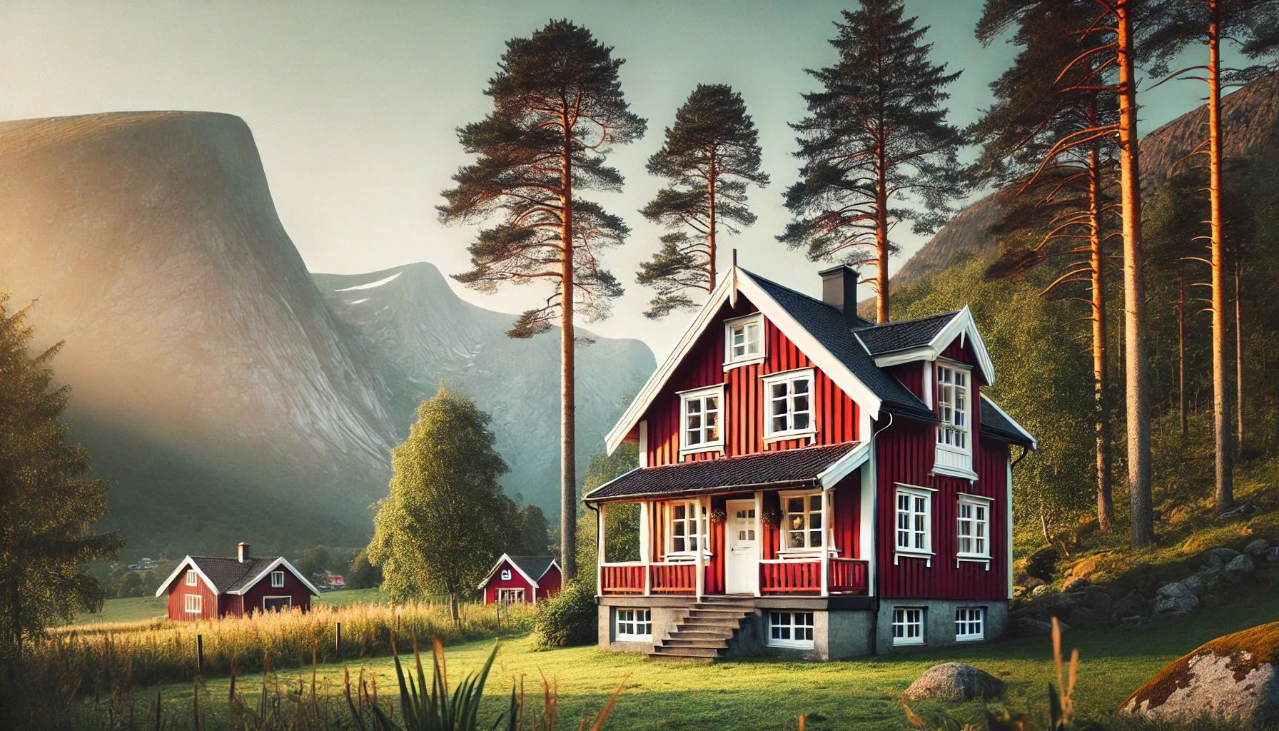 A house for rent in Norway. It is a traditional Norwegian wooden cabin with red-painted exterior, white trim, and a sloped roof. It's set in a landscape with lush greenery, tall pine trees, and a backdrop of mountains. 