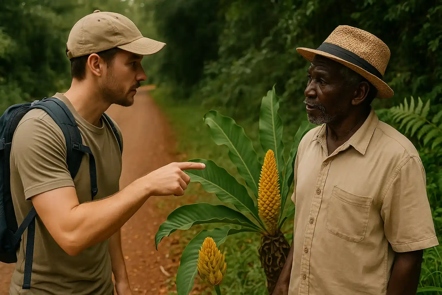 A traveler on a rural path gestures toward a curious plant while asking a local resident for its name.