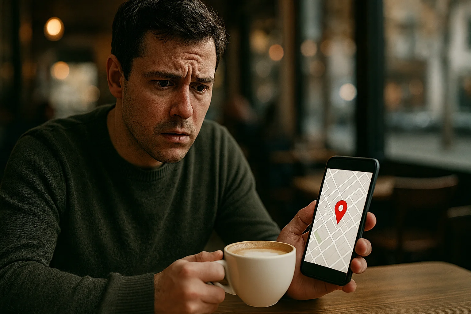 A worried man sits in a café, staring at his smartphone screen showing a map with a red location pin, trying to locate someone.