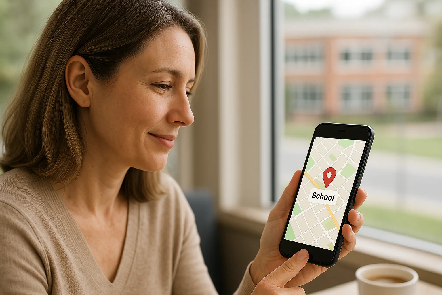 A calm mother checks her child’s location on a phone app, where a school marker is clearly visible.