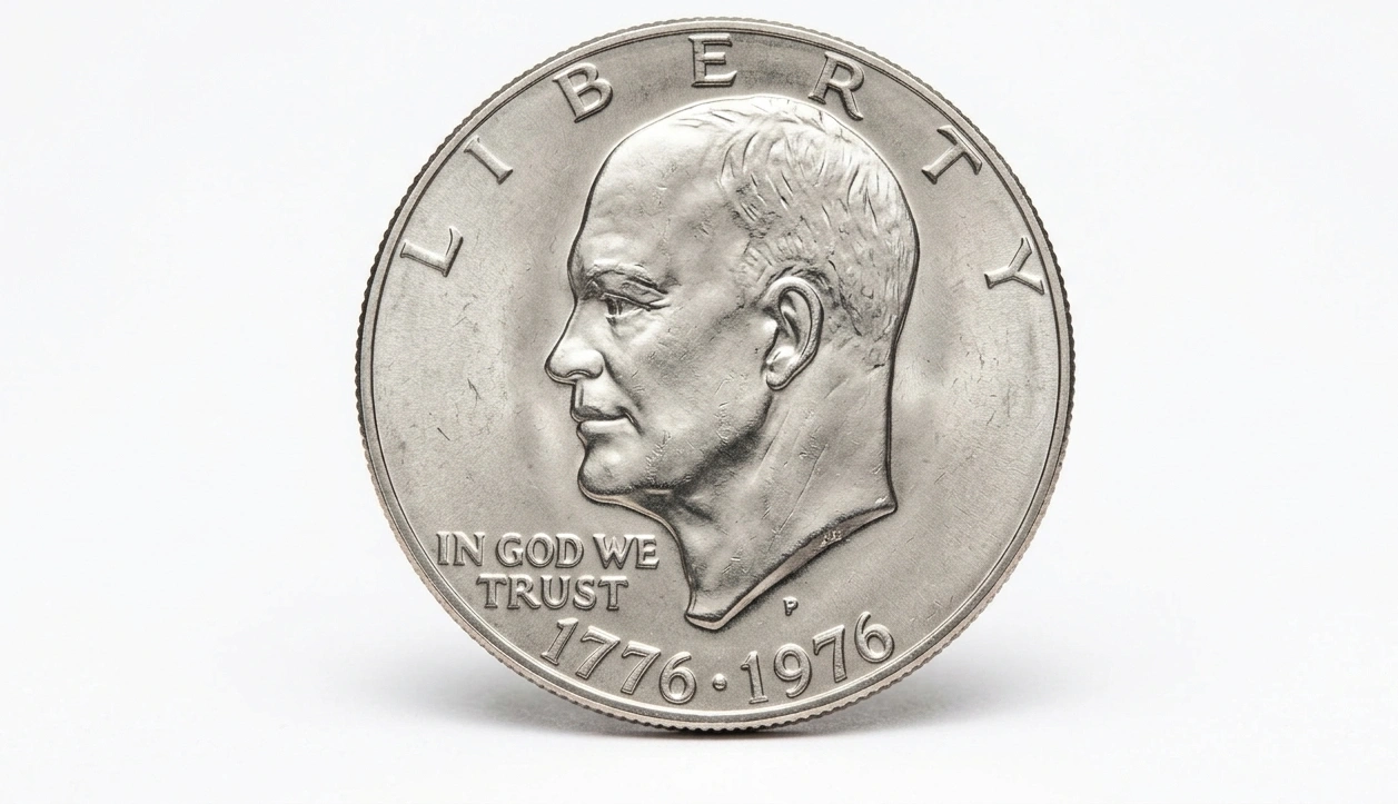 Close-up of a 1976 Eisenhower silver dollar coin